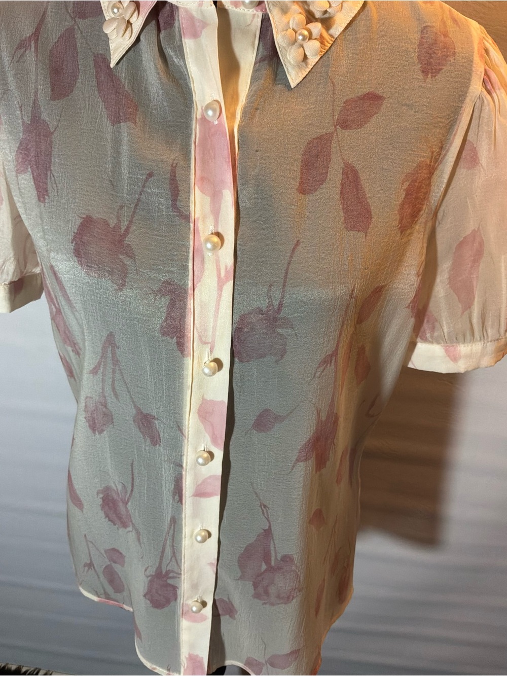 🌙✨ Alice Blue Romantic Sheer Floral Pearl-Button Blouse - Picture 6 of 7